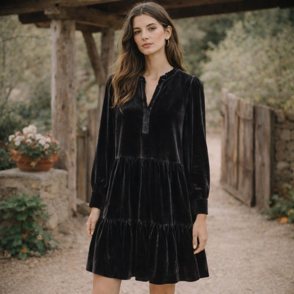 Part two charcoal grey velvet viggase tiered long sleeve dress